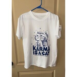 Karma is a Cat Ladies white T-shirt Short Sleeve Size Small Preown Taylor Swift